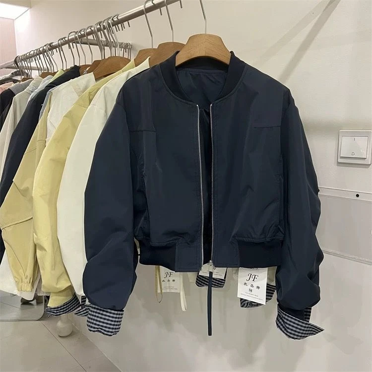 山力达迪上衣小个子2025女外套立领春秋夹克宽松拼接挽袖格子韩板