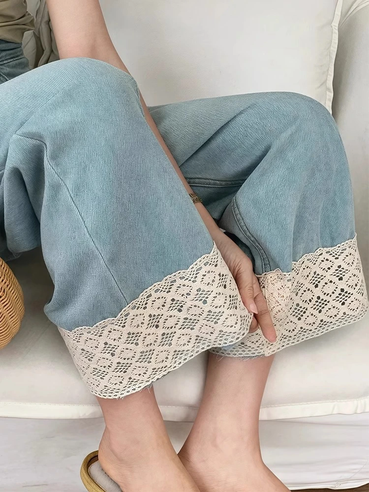 镂空白花边拼接直筒高腰牛仔裤女2025春夏韩版宽松显瘦九分阔腿裤