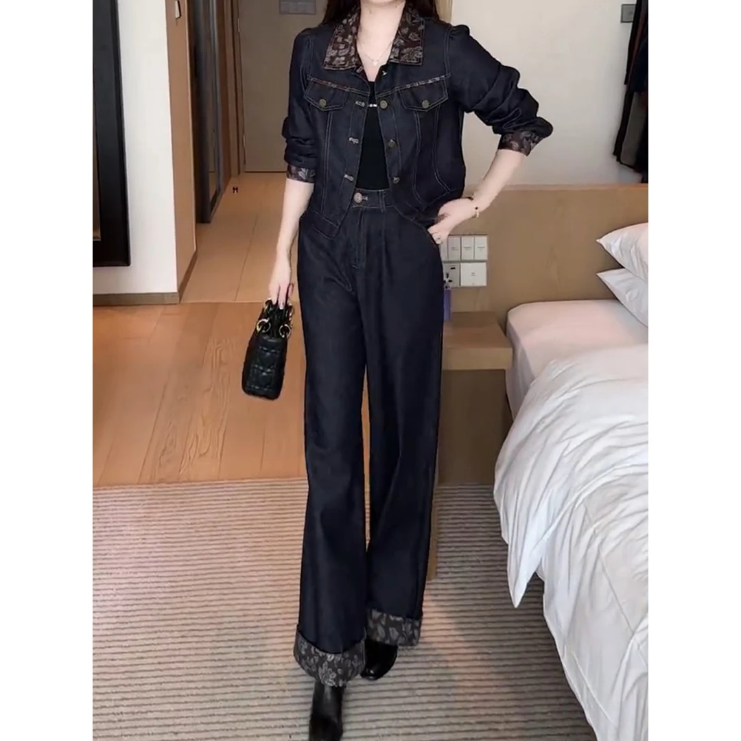 拉夏贝尔港风牛仔时尚套装女2025秋装撞色翻领松紧腰阔腿裤两件套