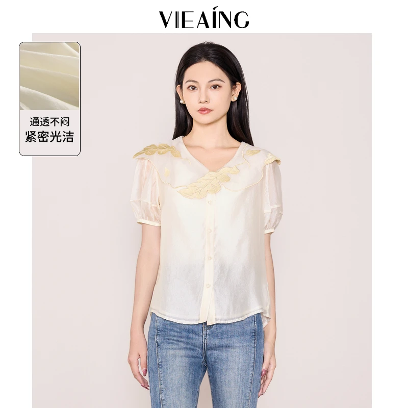 VIEA.ING薇迎白色衬衫女2025夏季新款休闲衬衣刺绣微透短袖上衣