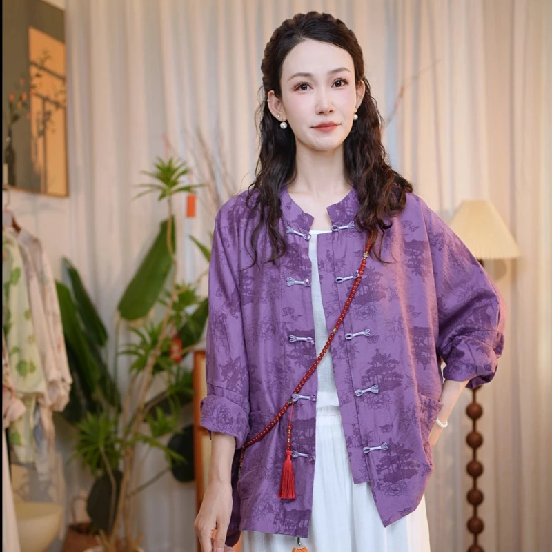 （紫气东来）夏季提花新中式衬衣中国风双面立领长袖刺绣防晒