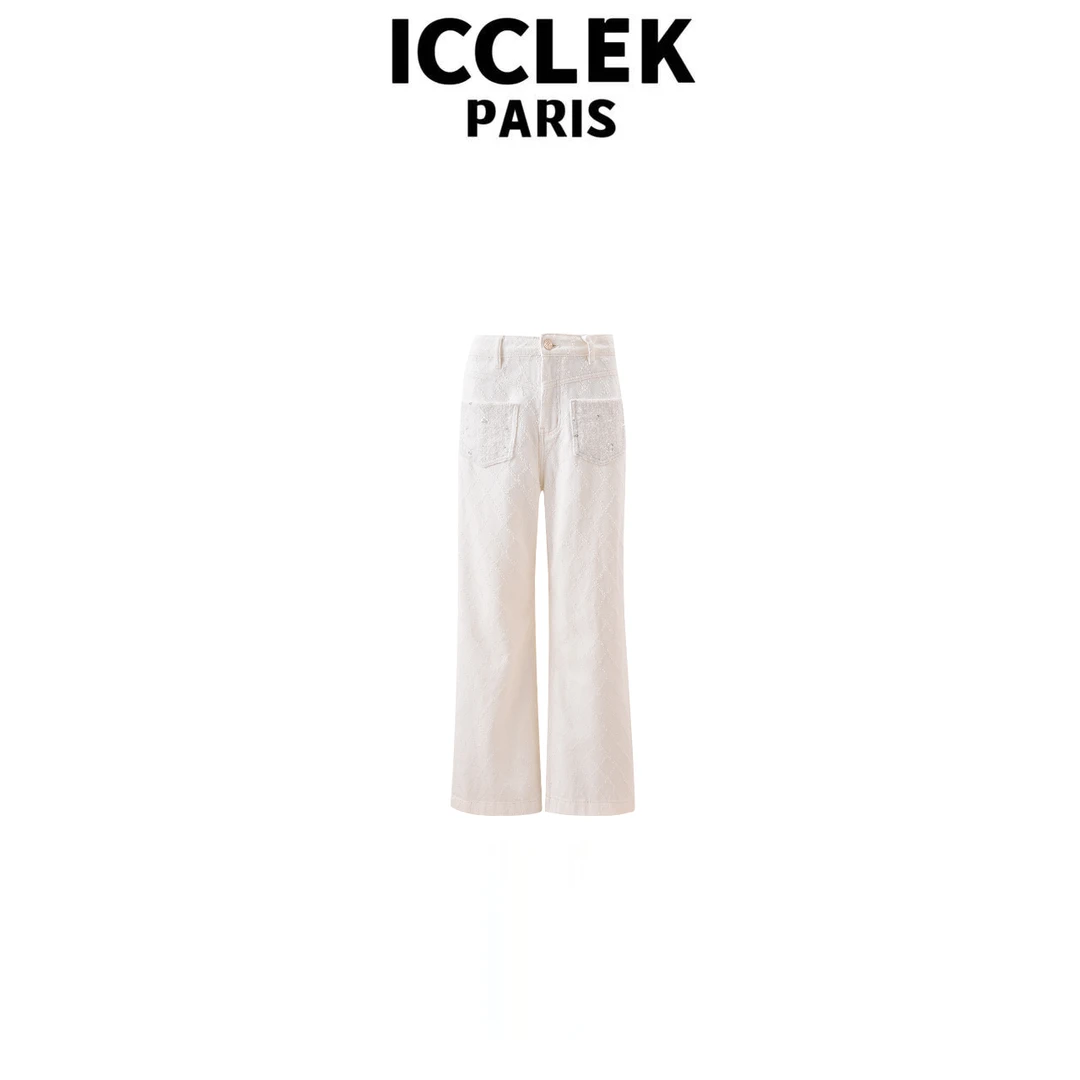 ICCLEK 设计师款白色纹路高腰加绒直筒百搭牛仔裤 - 9354
