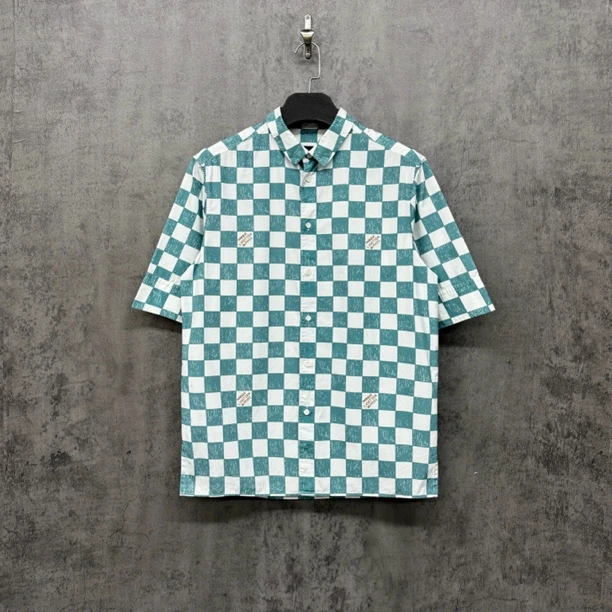 99新 LouisVuitton/路易威登 Lv棋盘格满Logo短袖衬衫/WK488/L