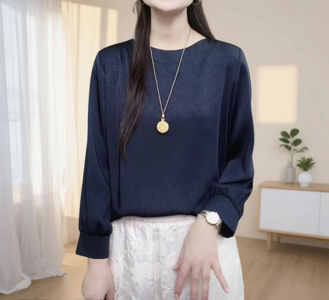 新款女装宽松中长袖冠乐皱高端圆领小衫上衣