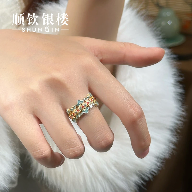 顺钦银楼 足银珐琅戒指 【韶华戒指】足银999.9新中式推拉描金戒指