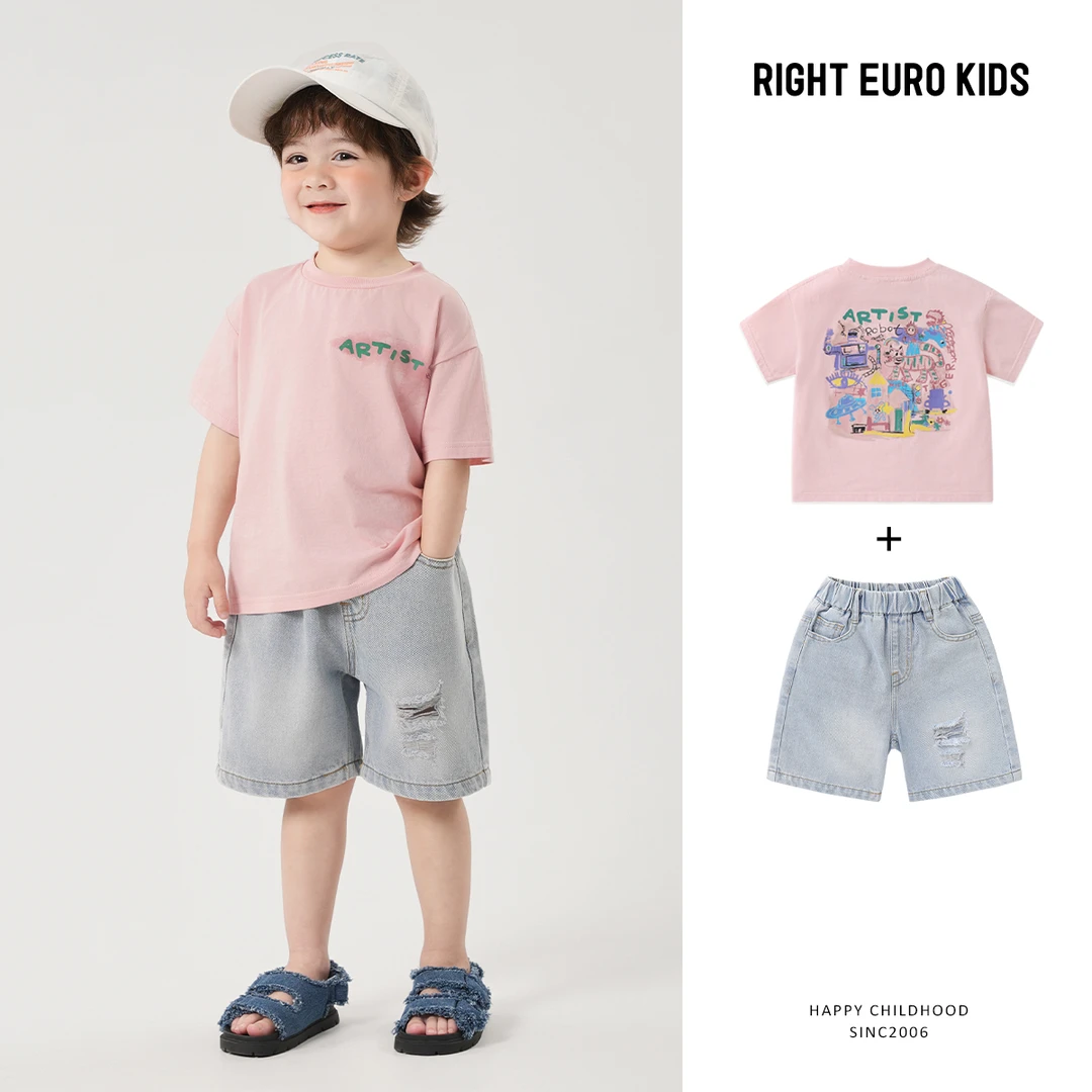 【涂鸦卡通套装】男童潮气短袖牛仔短裤套装童装夏季宝宝潮UZ1092