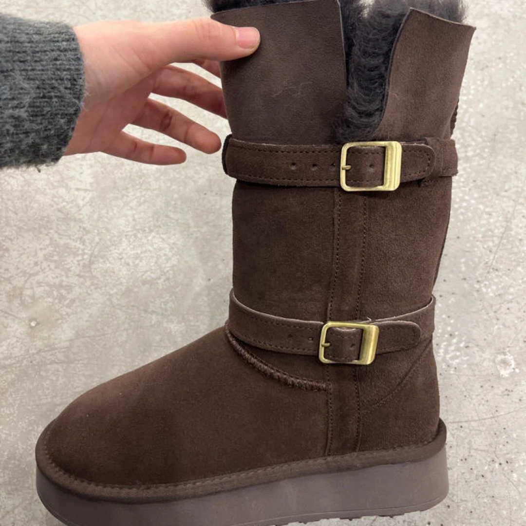 韩版时尚圆头长筒冬季加厚两穿翻毛厚底防滑雪地靴女靴棉鞋1985