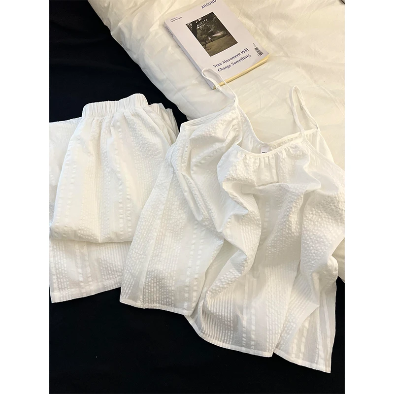 【简约提花】法式休闲纯色睡衣女夏季新款吊带长裤可外穿家居服套装