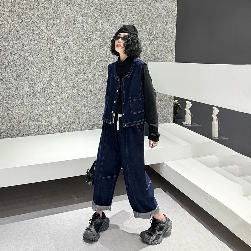 大码女装牛仔马夹裤子套装宽松240斤胖mm时尚休闲洋气两件套春季