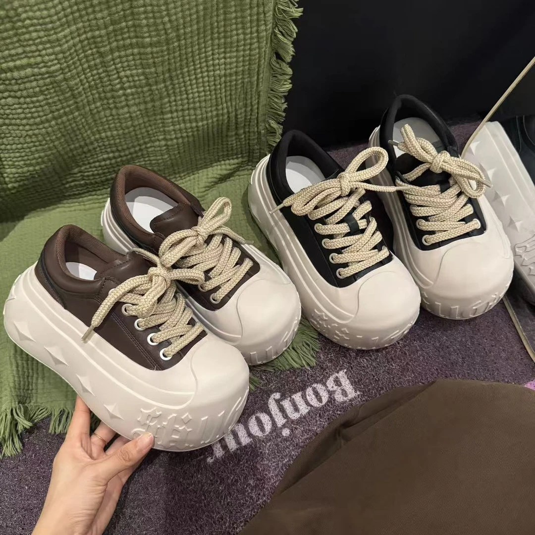 2025年秋季新款时尚百搭系带圆头松糕底厚底增高外穿女时尚休闲鞋