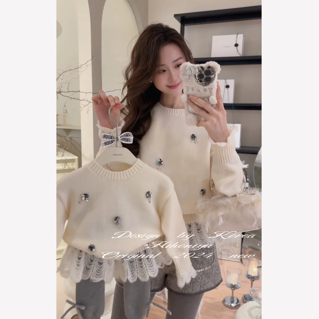 【珠片花朵】二Hihoniya~2024冬季亲子款花边珠片花朵韩版重工毛衣