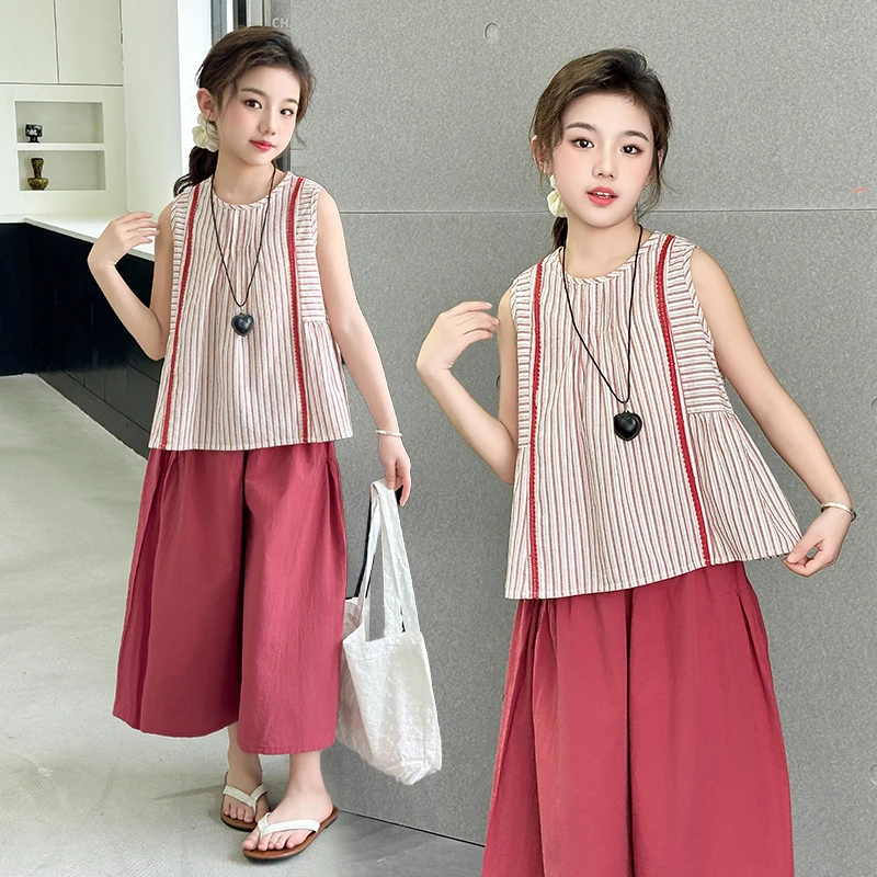 女童夏季无袖套装2025新款女大童洋气夏装儿童休闲阔腿裤裙两件套