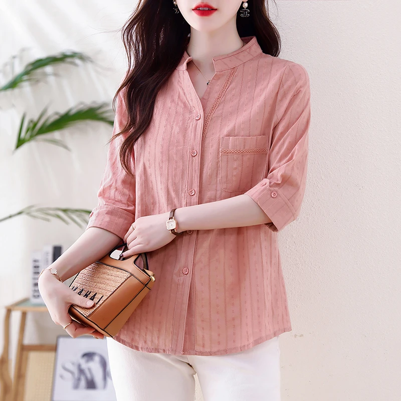 大码女装宽松减龄遮肚子T恤衬衫夏季胖妹妹复古洋气中袖百搭上衣