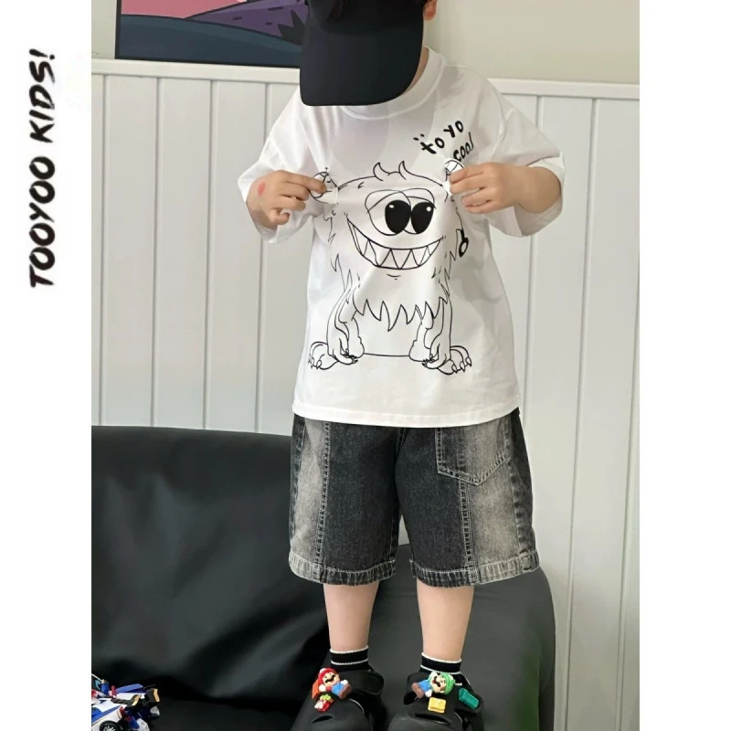 2025夏季新款儿童时尚男童紫色小怪兽短袖浅灰色工装裤潮酷夏装