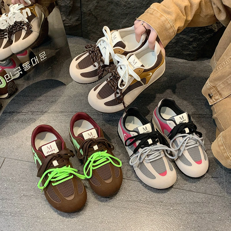 爆款多巴胺德训鞋女2025夏季新款时尚复古厚底网面休闲运动阿甘鞋