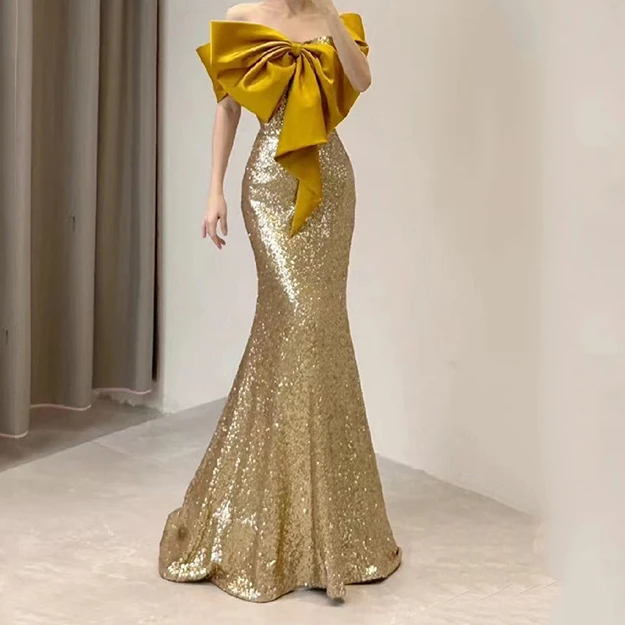 金色晚礼服女高级感宴会主持人高端轻奢小众年会亮片鱼尾裙敬酒服