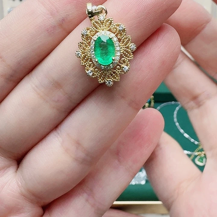 祖母绿吊坠(不含链)银S925镶嵌吊坠