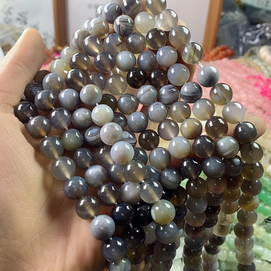 玛瑙/玉髓珠宝半成品未镶嵌一条天然10mm灰白蚕丝玛瑙