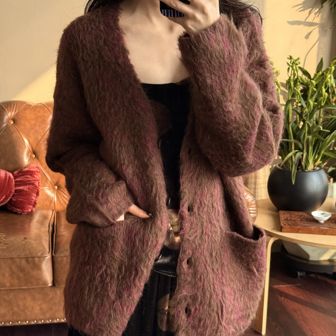 轻奢设计师文艺复古古典慵懒宽松休闲马海毛拉毛粉红色毛织开衫