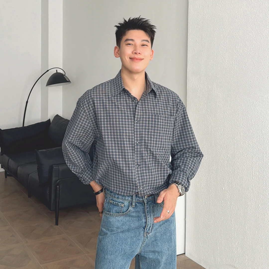 渣渣鹿韩国松弛感宽松长袖纯棉格子衬衫男士休闲衬衣春秋外套上衣