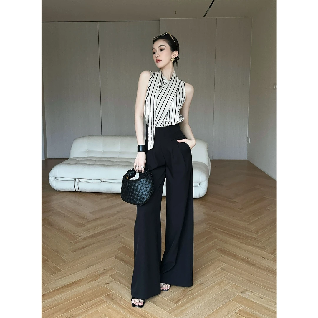 JIJINQI港风复古竖条衬衫夏季新款围脖飘带背心衬衣 JD04SZPT1203