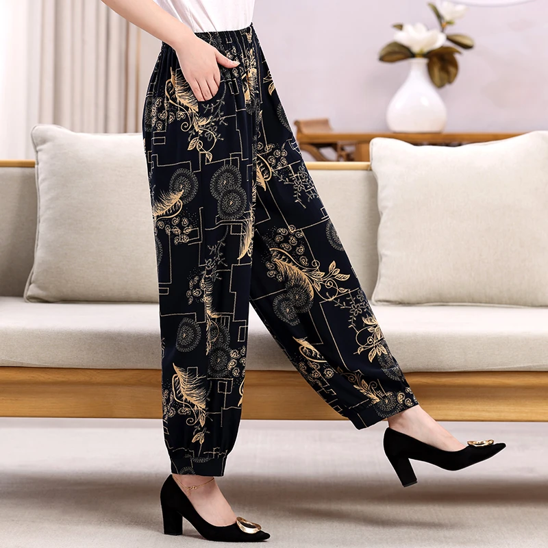 时尚女裤夏季薄款妈妈装灯笼裤宽松高腰大码休闲长裤防蚊广场舞裤