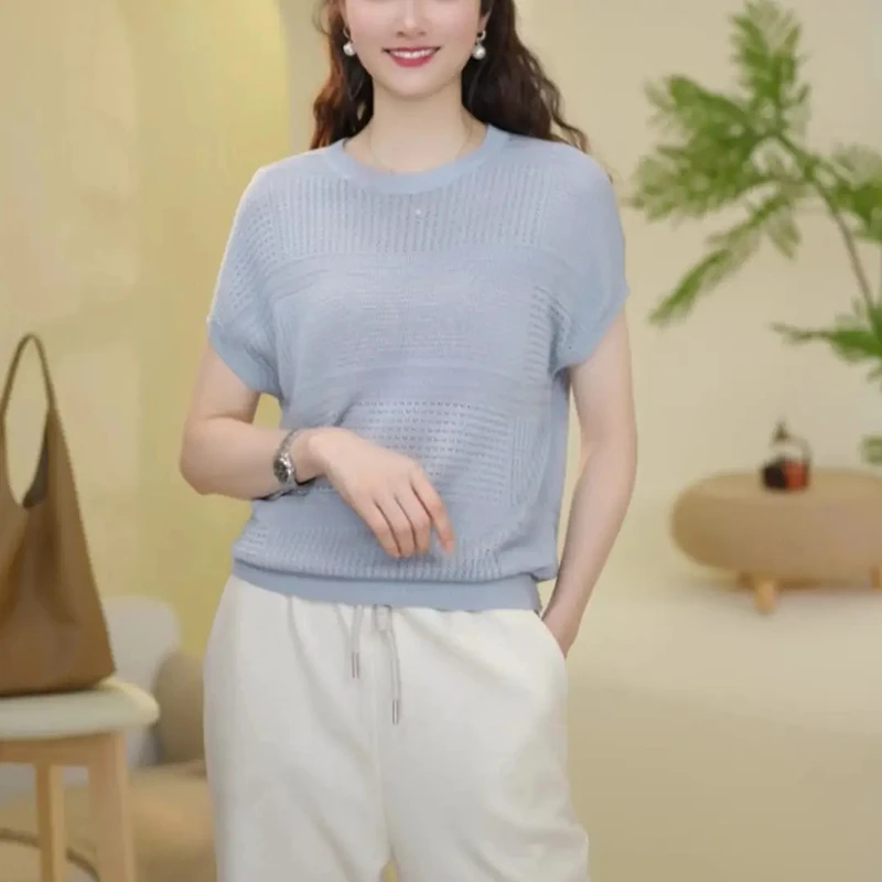 韩版钩花镂空休闲百搭圆领短袖毛针织衫女2025夏季小众设计感上衣