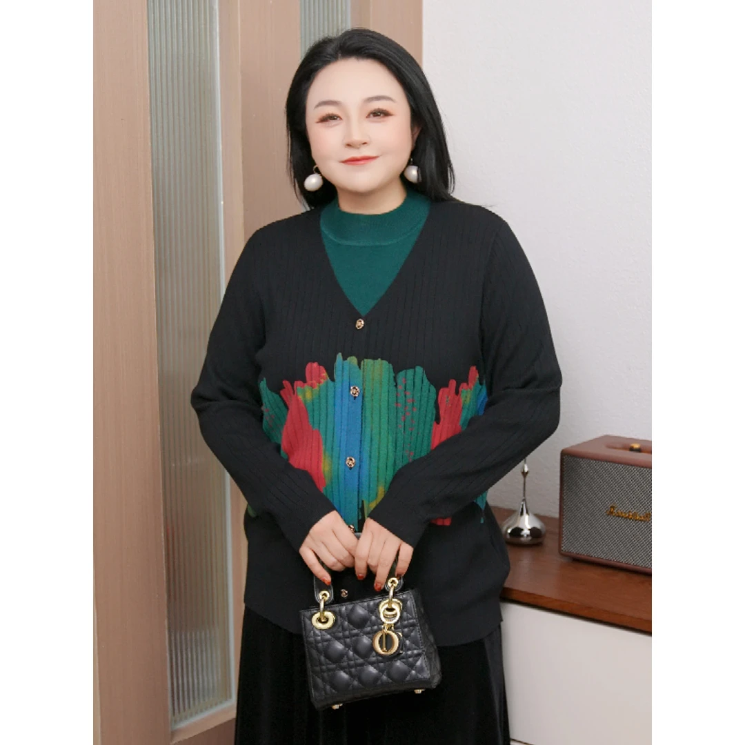 MsShe大码女装春装气质设计感印花坑条针织开衫外套J~B2411034