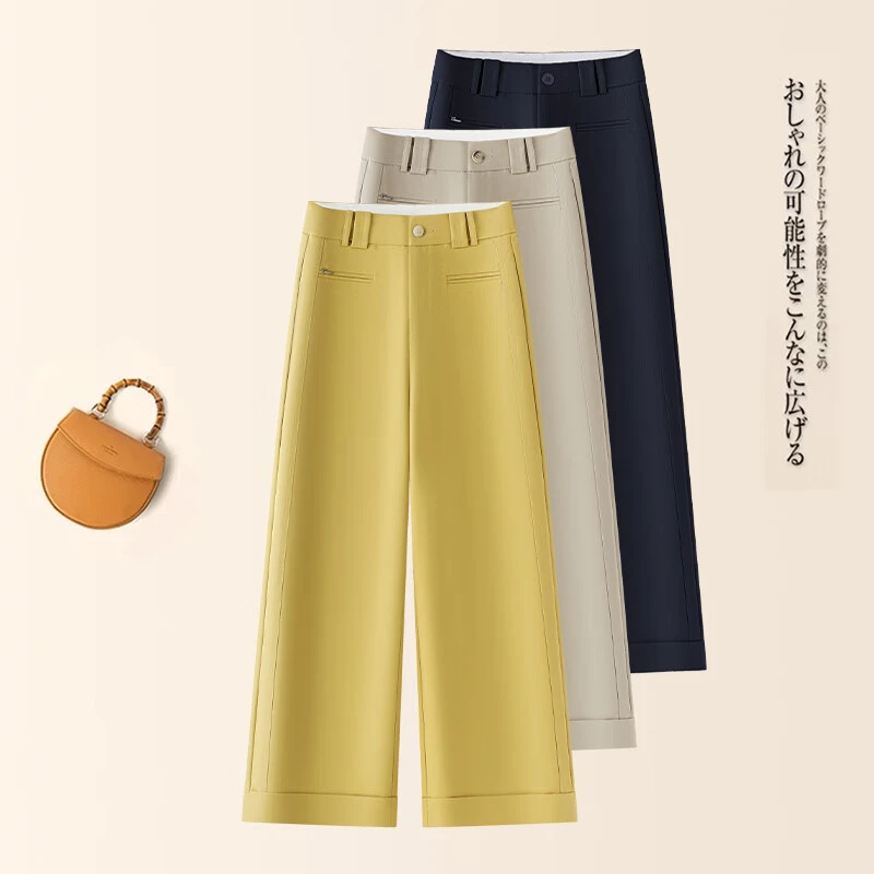 天丝棉翻边阔腿裤女夏季薄2025新款高腰宽松垂感休闲九分直筒裤子