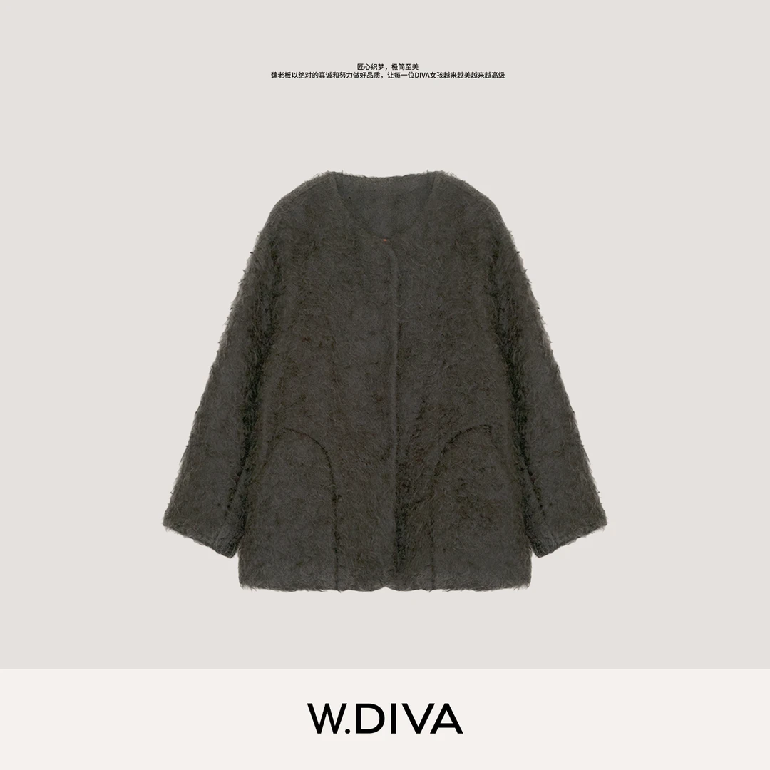 W.Diva【泊耳之拥】水波纹细腻蓬松马海毛短款毛呢外套54C242743