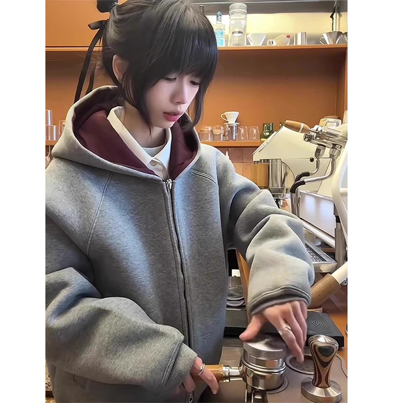 707同款帝王红内空气层连帽卫衣男春秋美式boxy廓形短款开衫外套