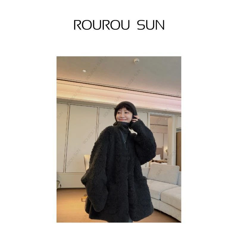 29756冬款女装韩系宽松松弛百搭皮毛一体V领外套