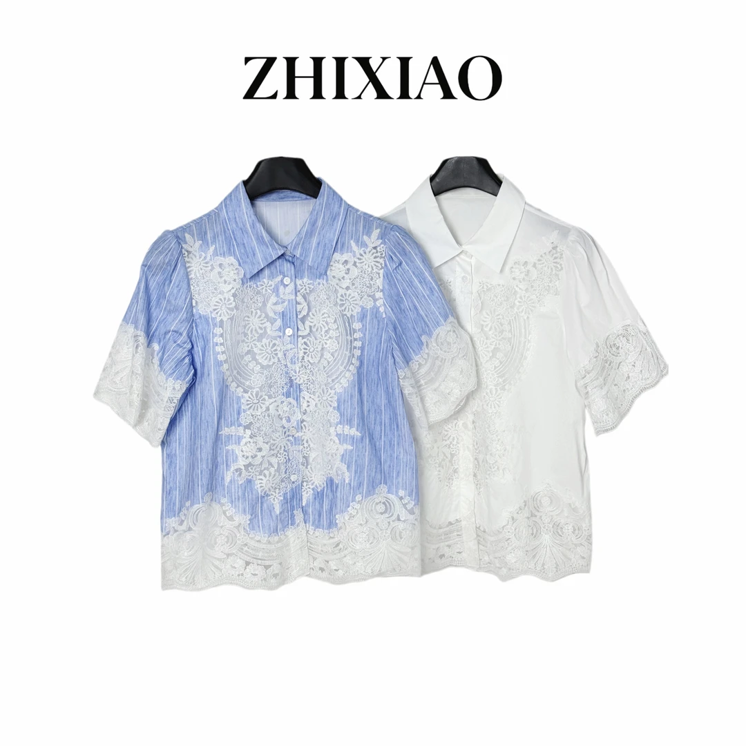 【ZHIXIAO】夏季新款：蕾丝拼接短袖衬衣00690