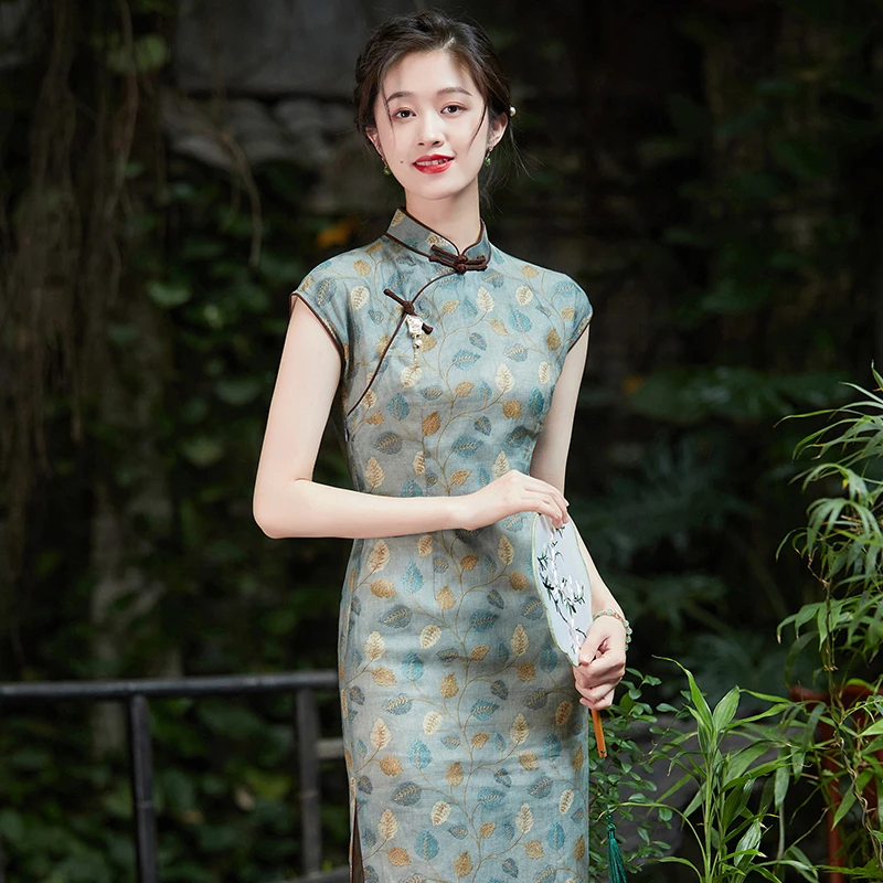 高考送考中国风金枝玉叶雅韵旗袍夏季新款复古苎麻印花日常改良款
