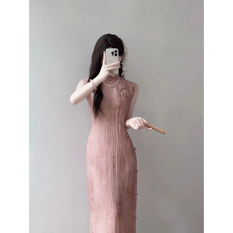 【9795】新中式国风旗袍夏季粉色年轻款少女日常优雅甜美文艺连衣裙