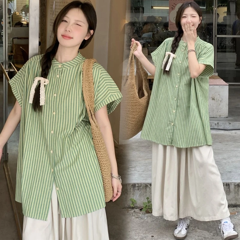 孕妇套装宽松慵懒风薄荷曼波绿条纹衬衫阔腿棉麻阔腿裤潮妈两件套