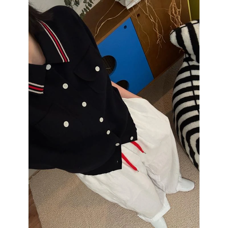 【撞色小翻领】领口撞色小翻领针织短袖上衣J25DX082