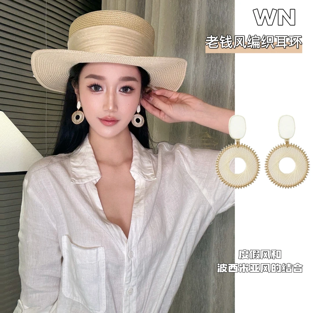 铜合金耳饰 老钱风编织耳环波西米亚海边度假草编元素耳饰