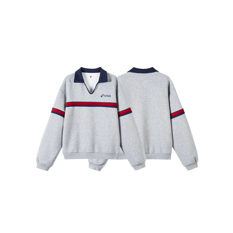 美式复古秋季新款半开polo领灰色卫衣男女宽松高街百搭上衣