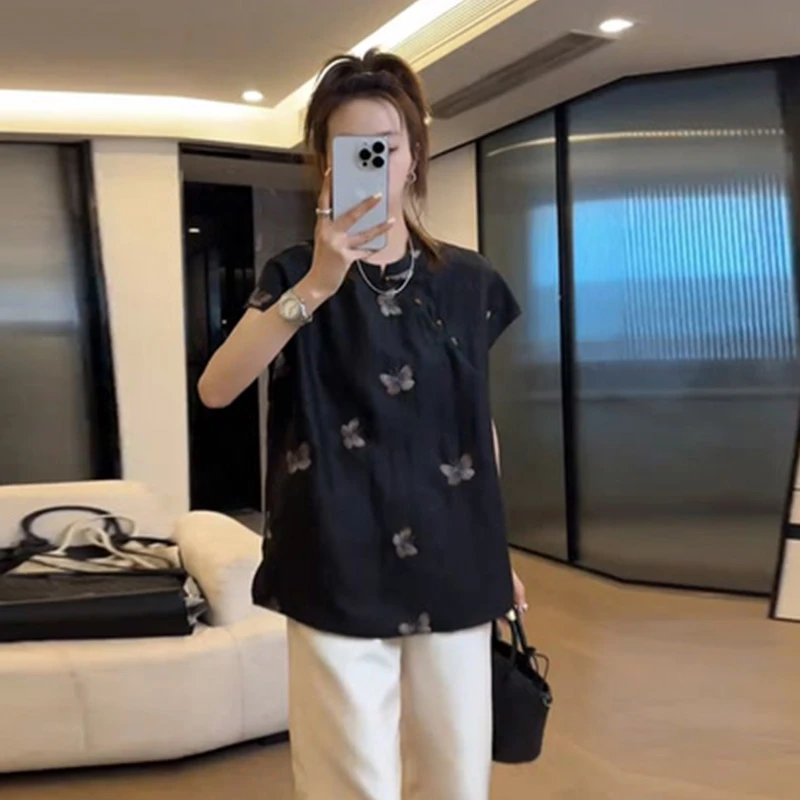 新中式复古印花短袖衬衫女夏季新款洋气高级感轻奢显瘦百搭上衣潮