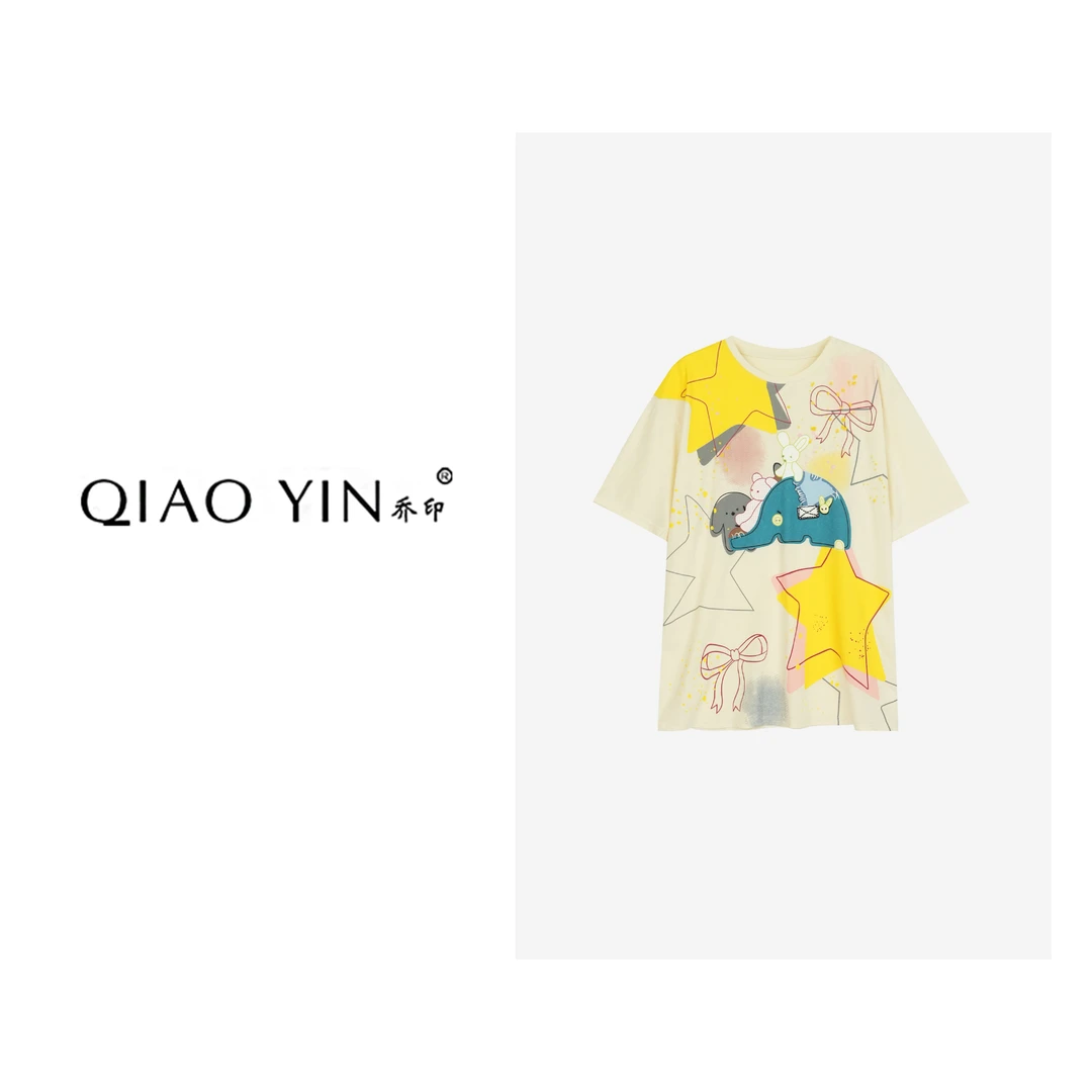 QIAO YIN“T恤” 夏季印花撞色短袖潮流上衣QY27785
