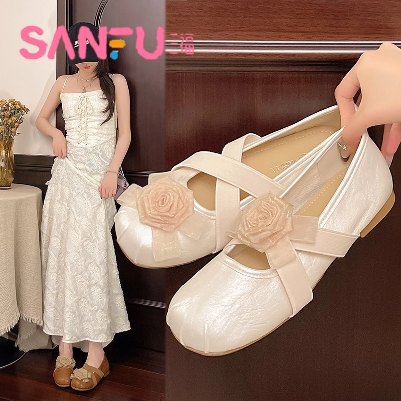 SANFU/三福 法式复古山茶花玛丽珍鞋女浅口百搭交叉绑带芭蕾舞鞋