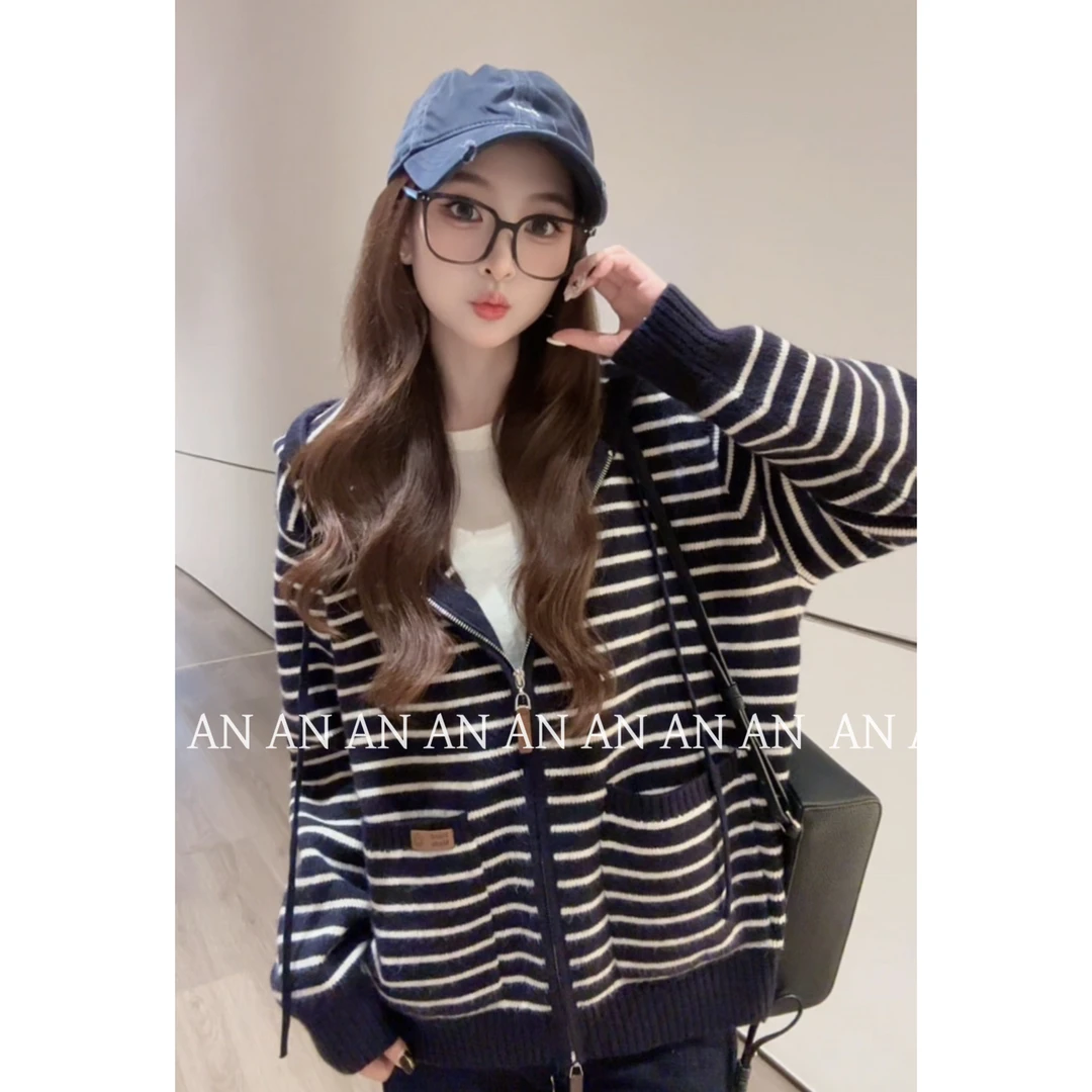 C09165复古松弛感宽松帽衫双头拉链连帽条纹针织毛衣外套