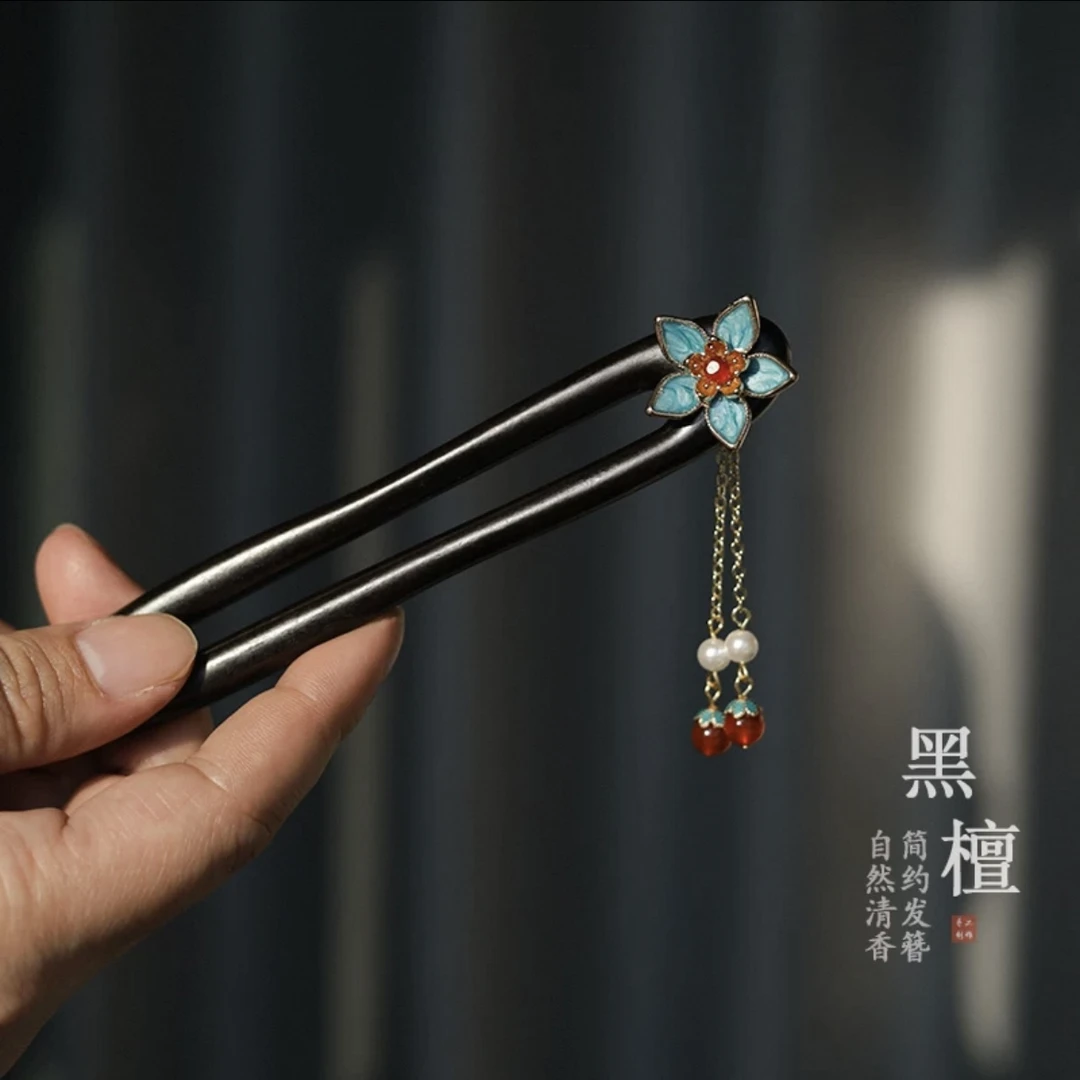 【簪韵】烧蓝流苏蓝色发簪黑檀木古风马面裙精致搭旗袍新中式木簪子