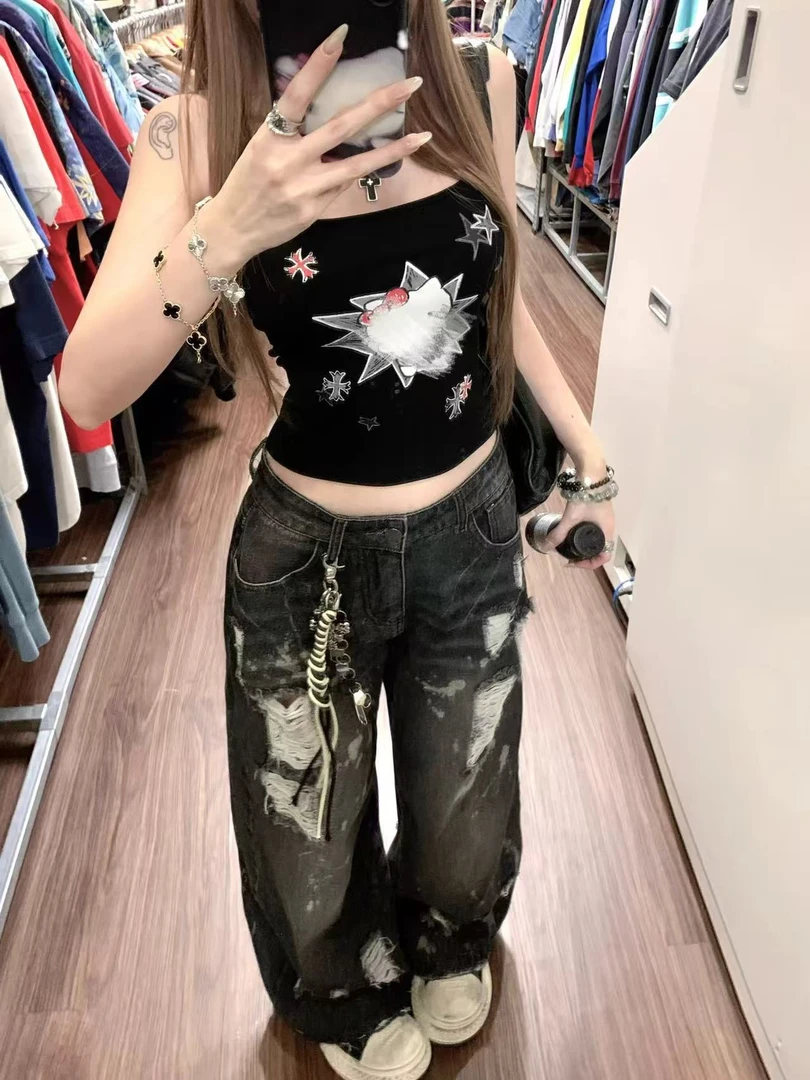 （浠儿家）喵喵特工 黑色印花大方领修身背心女镂空露背辣妹吊带