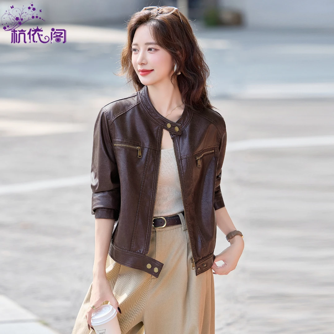 短款皮衣外套女2025春秋新款酷飒风气质复古立领正肩PU皮机车夹克