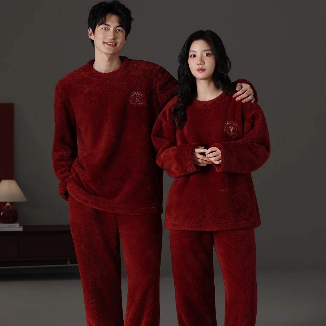 情侣睡衣冬季珊瑚绒秋冬款红色男款女士秀美睡衣结婚新婚情侣套装