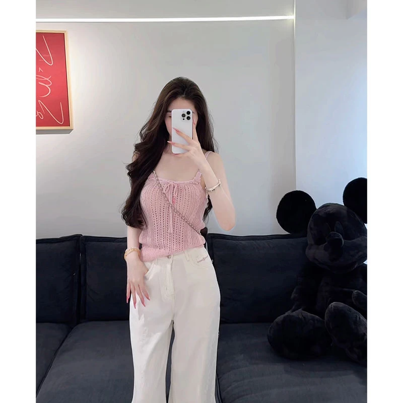 2025年夏季新款ins法式小香风蝴蝶结短款吊带女配高腰显瘦阔腿裤