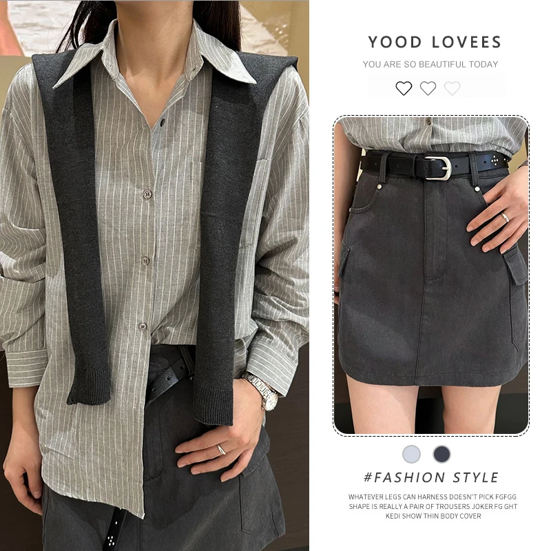 慵懒风气质宽松显瘦长袖衬衫做旧气质短裙女2025春秋时髦休闲套装
