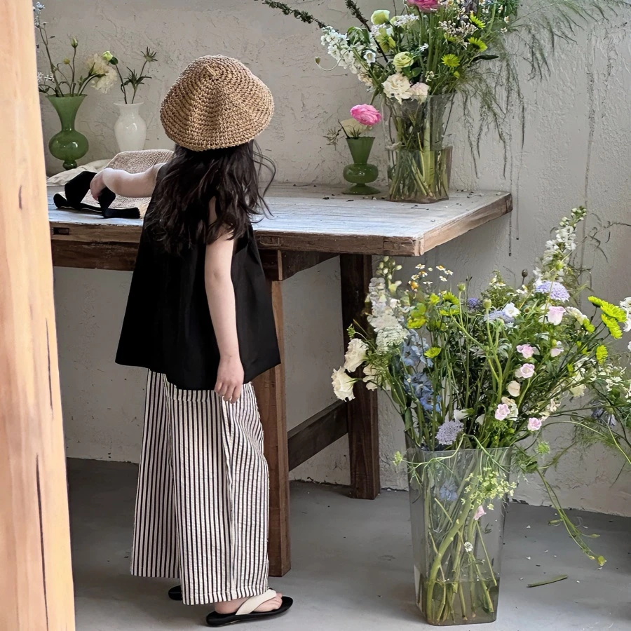 【糖宝魔豆】2025夏款女童简约背心式衬衫上衣竖条纹休闲九分裤潮